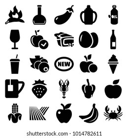 Fresh icons. set of 25 editable filled fresh icons such as field, egg, strawberry, chili, pepper, eggplant, oil, crab, apple, cocktail, new, bottle, pie, tea cup, currant