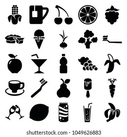 Fresh icons. set of 25 editable filled fresh icons such as apple, toothbrush, soda, coffee cup, carrot, banana, tea cup, bottle, onion, mulberry, corn, cocktail, cherry, grape