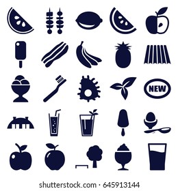 Fresh icons set. set of 25 fresh filled icons such as field, apple, toothbrush, ice cream on stick, ice cream ball, milkshake, soda, boiled egg, lemon, leaf, kebab, barn