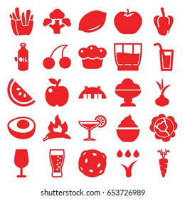 Fresh icons set. set of 25 fresh filled icons such as onion, cabbage, chili, pepper, apple, oil, lemon, cocktail, cherry, french fries, milkshake, carrot, broccoli, pie, barn