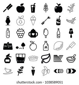 Fresh icons. set of 36 editable filled and outline fresh icons such as sausage, deel, baby bottle, soda, milkshake, drink, apple, field, milk can, mulberry, porridge, bottle