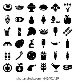 Fresh icons set. set of 36 fresh filled icons such as sausage, potato, carrot, pear, grape, bottle, spray bottle, toothbrush, cocktail, ice cream on stick, french fries