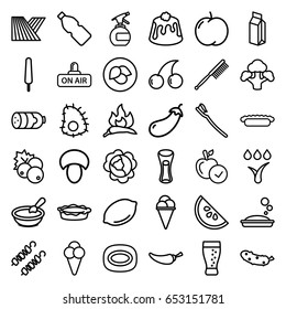 Fresh icons set. set of 36 fresh outline icons such as field, leaf, mushroom, sausage, currant, apple, cabbage, chili, eggplant, lemon, porridge, spray bottle, cherry, soap