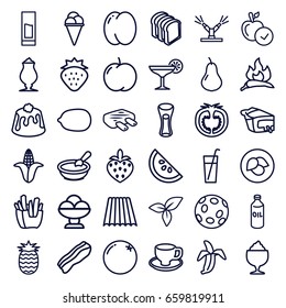 Fresh icons set. set of 36 fresh outline icons such as field, leaf, strawberry, orange, pear, peach, apple, chili, corn, oil, porridge, lemon, french fries, ice cream