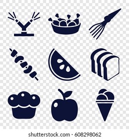 Fresh icons set. set of 9 fresh filled icons such as ice cream, chicken leg, bread slices, kebab, pie, apple, watermelon, watering system