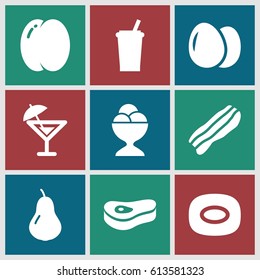 Fresh icons set. set of 9 fresh filled icons such as egg, pear, peach, soap, ice cream ball, bacon, meat, cocktail