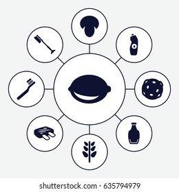 Fresh icons set. set of 9 fresh filled icons such as mushroom, toothbrush, water bottle, lemon, plant, bottle, meat