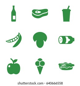 Fresh icons set. set of 9 fresh filled icons such as mushroom, sausage, pie, peas, ice cream, meat, apple, bottle