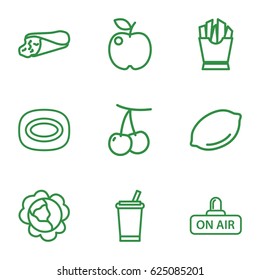 Fresh icons set. set of 9 fresh outline icons such as cherry, cabbage, lemon, soap, wrap sandwich, french fries, open air, apple