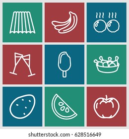 Fresh icons set. set of 9 fresh outline icons such as field, potato, banana, apple, chicken leg, wine glass, meat, watermelon