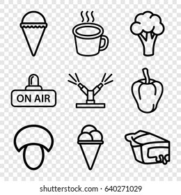 Fresh icons set. set of 9 fresh outline icons such as mushroom, pepper, cauliflower, ice cream, pie, open air, cup