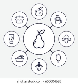 Fresh icons set. set of 9 fresh outline icons such as corn, laundry, pear, apple, broccoli, cup, pie, soda