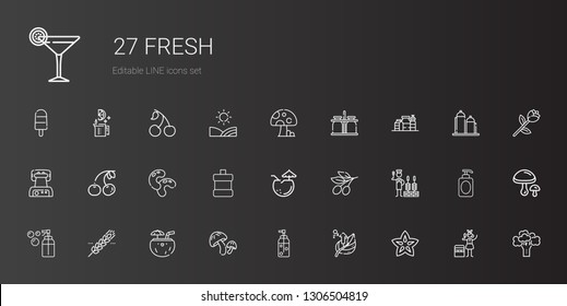 fresh icons set. Collection of fresh with carambola, leaf, soap, mushroom, coconut, cereal, churrasco, olive, mouthwash, beans, cherry, waffle iron. Editable and scalable fresh icons.