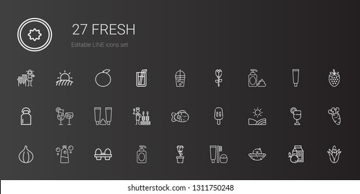 fresh icons set. Collection of fresh with chick, toothbrush, rose, soap, organic eggs, mouthwash, fig, field, popsicle, fish, churrasco, toothpaste. Editable and scalable fresh icons.