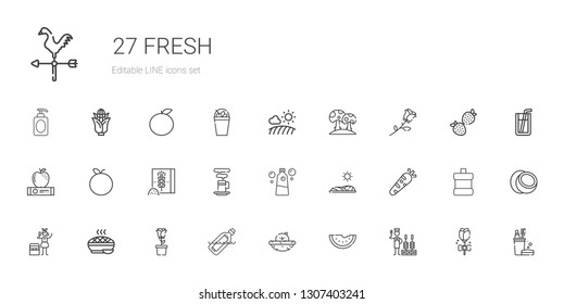 fresh icons set. Collection of fresh with churrasco, watermelon, chick, bottle, rose, pie, portable fridge, healthy food, field, mouthwash. Editable and scalable fresh icons.