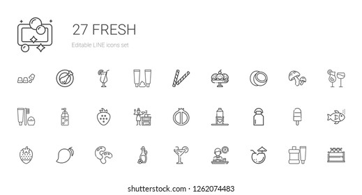 fresh icons set. Collection of fresh with coconut, breakfast, cocktail, olive oil, beans, mango, strawberry, milk, silo, watermelon, sauce. Editable and scalable fresh icons.