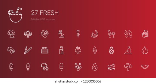 fresh icons set. Collection of fresh with field, banana, decorative, popsicle, mushrooms, pineapple, strawberry, milk, fruit, mushroom, cocktails. Editable and scalable fresh icons.