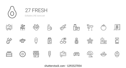 fresh icons set. Collection of fresh with mushroom, crepe maker, soap, popsicle, meat, kiwi, fruit, carambola, pineapple, cherry, milk, sauce. Editable and scalable fresh icons.