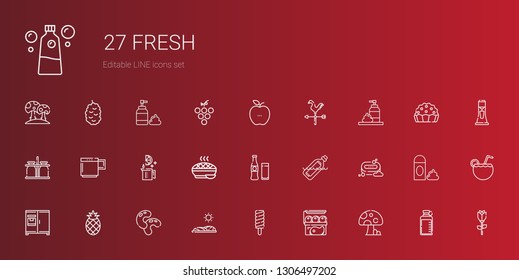 fresh icons set. Collection of fresh with mushroom, meat, popsicle, field, beans, pineapple, fridge, soap, bottle, beverage, pie, lime, mug. Editable and scalable fresh icons.