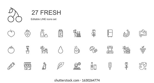 fresh icons set. Collection of fresh with popsicle, beverage, breakfast, leaf, olive oil, meat, healthy food, waffle iron, mushroom, mug, pear. Editable and scalable fresh icons.