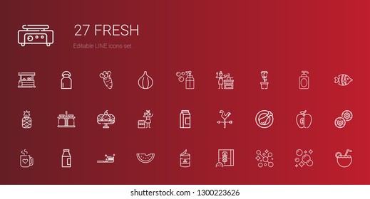 fresh icons set. Collection of fresh with soap, wheat flour, peas, watermelon, tooth brush, milk, mug, chicken leg, weathercock, portable fridge. Editable and scalable fresh icons.