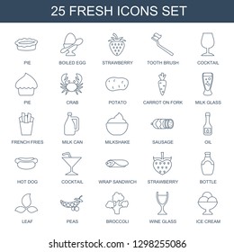 fresh icons. Trendy 25 fresh icons. Contain icons such as pie, boiled egg, strawberry, tooth brush, Cocktail, crab, potato, carrot on fork, milk glass. fresh icon for web and mobile.