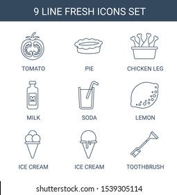 fresh icons. Trendy 9 fresh icons. Contain icons such as tomato, pie, chicken leg, milk, soda, lemon, ice cream, toothbrush. fresh icon for web and mobile.