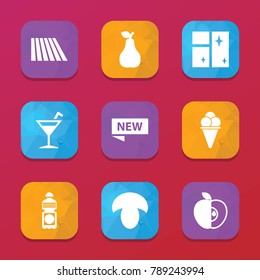 Fresh icons. vector collection filled fresh icons set.. includes symbols such as field, mushroom, pear, clean window, ice cream, apple, new. use for web, mobile and ui design.