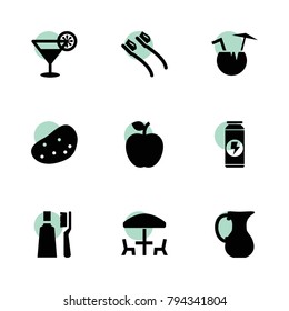 Fresh icons. vector collection filled fresh icons set.. includes symbols such as apple, jug, potato, toothbrush, cocktail, energy drink. use for web, mobile and ui design.