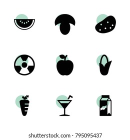 Fresh icons. vector collection filled fresh icons set.. includes symbols such as mushroom, corn, apple, carrot, potato, fan, milk. use for web, mobile and ui design.