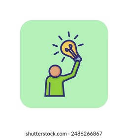 Fresh idea line icon. Lightbulb, bulb, man, holding, raising. Business concept. Can be used for topics like startup, creativity, new project