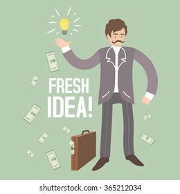 Fresh idea - vector concept art. Man with big money case. Inventor with  light bulb - vector character in flat style.  Brainstorming - retro poster. Renewable natural resources. Vector illustration