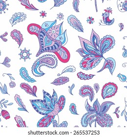 Fresh Indian Paisley Pattern | Blue vector seamless background with ethnic eastern ornaments isolated on white for wallpaper and textile design