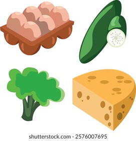 Fresh Ingredients: Eggs, Broccoli, Cucumber, and Cheese – Vector Illustration