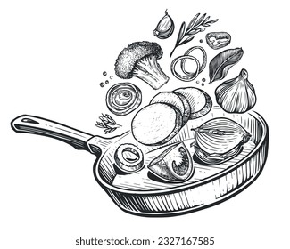 Fresh ingredients and frying pan. Food preparation sketch. Vegetables and spices. Cooking concept vector illustration