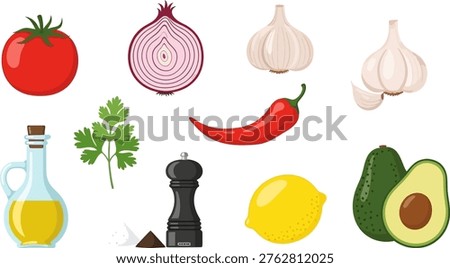 Fresh ingredients like tomato, onion, garlic, chili pepper, parsley, oil, pepper, lemon, and avocado.