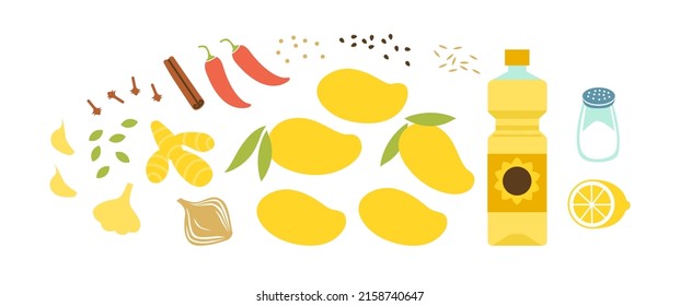 Fresh ingredients for mango spicy chutney. Mango sauce making. Horizontal flat vector illustration isolated on white.