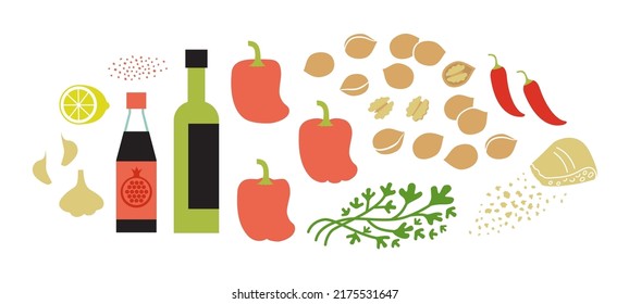 Fresh ingredients for muhammara dip. Pepper walnut sause making. Flat vector illustration isolated on white background.