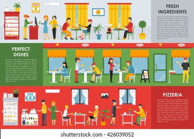 Fresh Ingredients, Perfect Dishes and Pizzeria flat concept web vector illustration. People, Visitors, Waiters. Pizza Restaurant interior presentation.