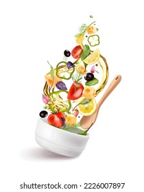 Fresh ingredients for salad. The concept of salad in a white bowl. Vector illustration.