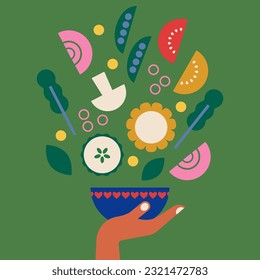 Fresh ingredients for a salad falling into the bowl. Salad bowl in a hand in flat design. Salad bar for healthy meal. Vegetarian dish. Organic food. Healthy food modern vector illustration.