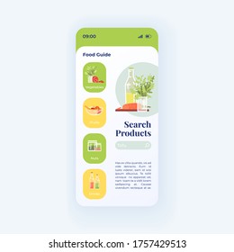 Neue Zutaten Smartphone-Schnittstelle Vektorvorlage. Mobile App-Seite, weißes Design-Layout. Suche nach biologischen Produkten Bildschirm. Flache Benutzeroberfläche für Anwendungen. Essen und Trinken. Telefonanzeige
