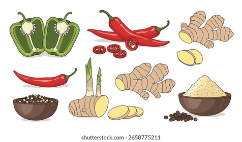 Ingredientes frescos para cozimento picante com pimentões, gengibre e especiarias