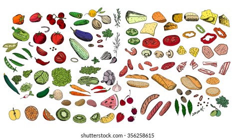 Fresh ingredients - vegetables, cheese, mushrooms, herbs and meat. Objects isolated on transparent background. For your design, announcements, cards, posters, restaurant and cafe menu.