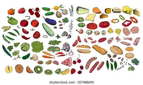 Fresh ingredients - vegetables, cheese, mushrooms, herbs and meat. Objects isolated on white. For your design, announcements, cards, posters, restaurant and cafe menu.