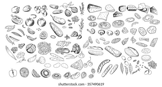 Fresh ingredients - vegetables, cheese, mushrooms, herbs and meat. Objects isolated on white. Black and white. For your design, announcements, cards, posters, restaurant and cafe menu.