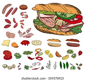 Fresh ingredients - vegetables, cheese, mushrooms, herbs and meat - for sandwich. Objects isolated on white. For your design, announcements, cards, posters, restaurant and cafe menu.