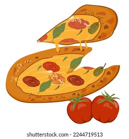 Fresh Italian pizza with tomato sauce and cheese, hand drawn vector illustration isolated on white background.