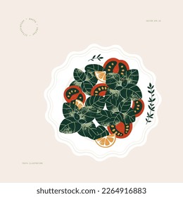 Fresh Italian salad with basil and tomatoes on a plate. Healthy eating. Vector illustration.