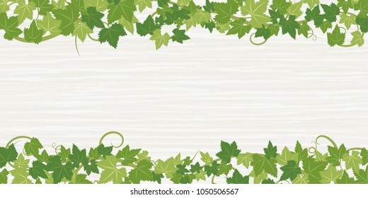 Fresh ivy leaf vector frame on white wooden texture background. 